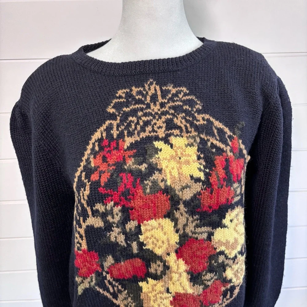 JH Collectibles Vintage 80s Navy Wool Floral Knit‎ Puff Shoulder Cardigan L